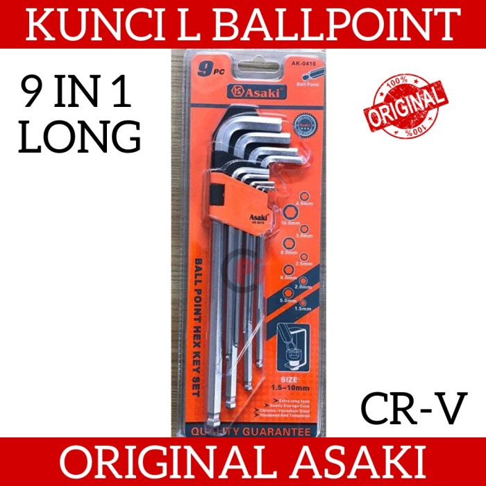 ASAKI Kunci L Ballpoint Panjang Set 9 Pcs Hex Key CR-V 1.5 - 10mm