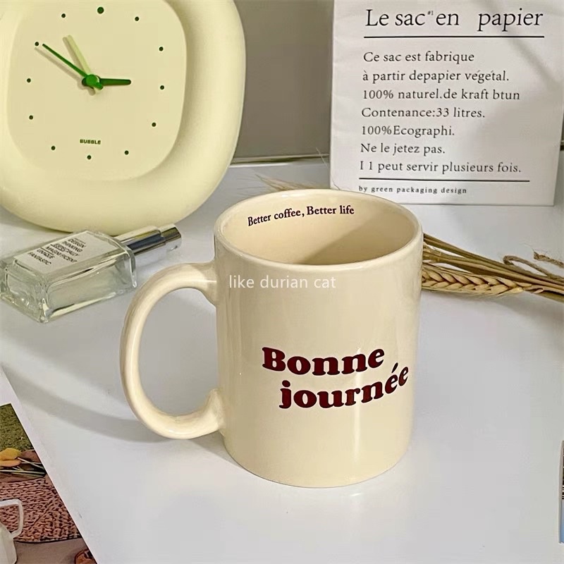 BONNE JOURNEE GELAS / KOREAN AESTHETIC MUG / GELAS KOPI SUSU TEH JUS / GELAS KERAMIK TEBAL / GELAS LUCU / CANGKIR / GLASS / COFFEE MILK MUG