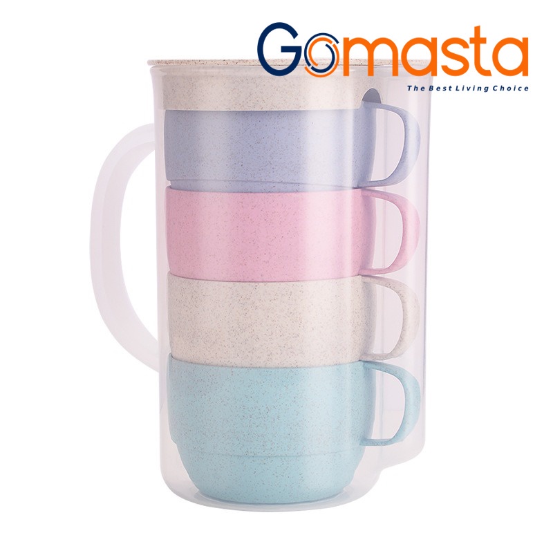 Murah Lebay GO-G02 Teko Jus Air Teh Kopi Wadah Plastik Bahan Jerami dengan 4 cangkir BPA FREE