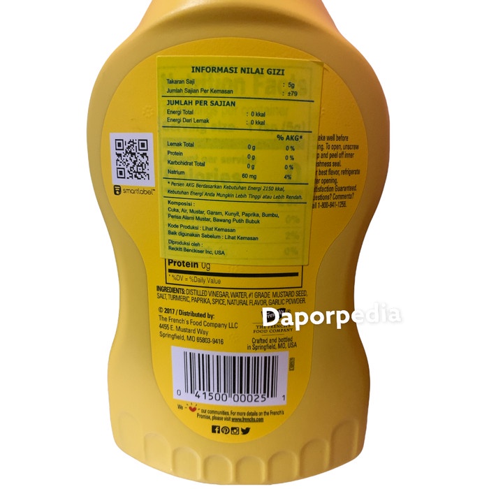 

French'S Classic Yellow Mustard Squeeze No Artifical Flavours 396Gr