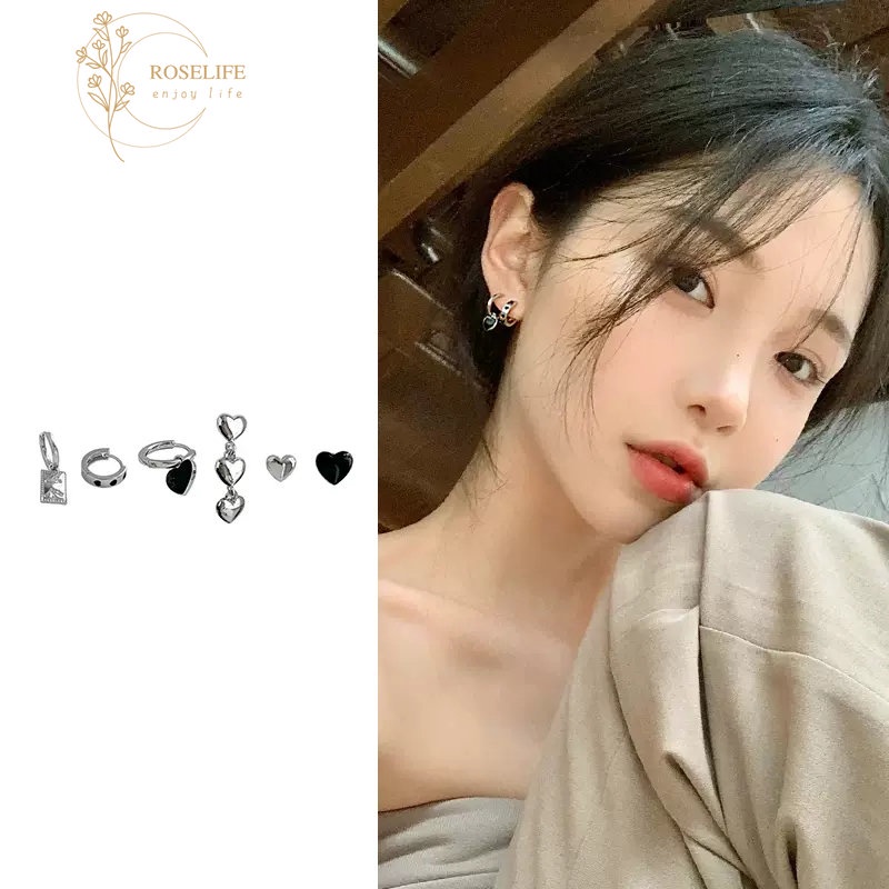 Roselife 6PCs / Set Anting Tusuk + Gantung + Kalung Rantai Liontin Hati Hitam Untuk Perhiasan Wanita