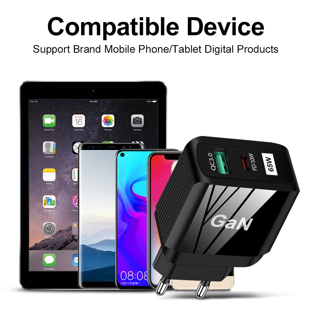 Adapter Charger 65W GaN 9V12V Untuk Iphone 13 14 i-Pad H-uawei X-iaomi S-amsung QC3.0 + PD33W Android