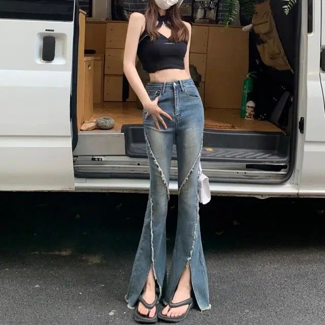 Suhao micro-flare versi Korea slim high-waisted wanita stretch micro-flare jeans celana panjang wanita all-match pelangsing kaki celana panjang trendi