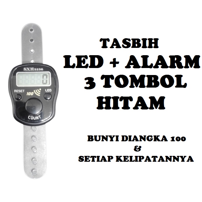 TASBIH DIGITAL LED ALARM BUNYI TIAP ANGKA 100 ADA LAMPU LED WARNA HITAM DAN BIRU