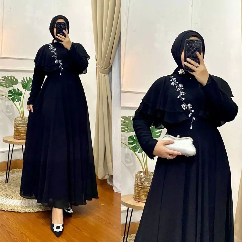 Ayunna Dress Gamis Ceruty Babydoll Warna Hitam Abu Lime Fashion Muslim Terbaru Gaun Pesta Pakaian Wa