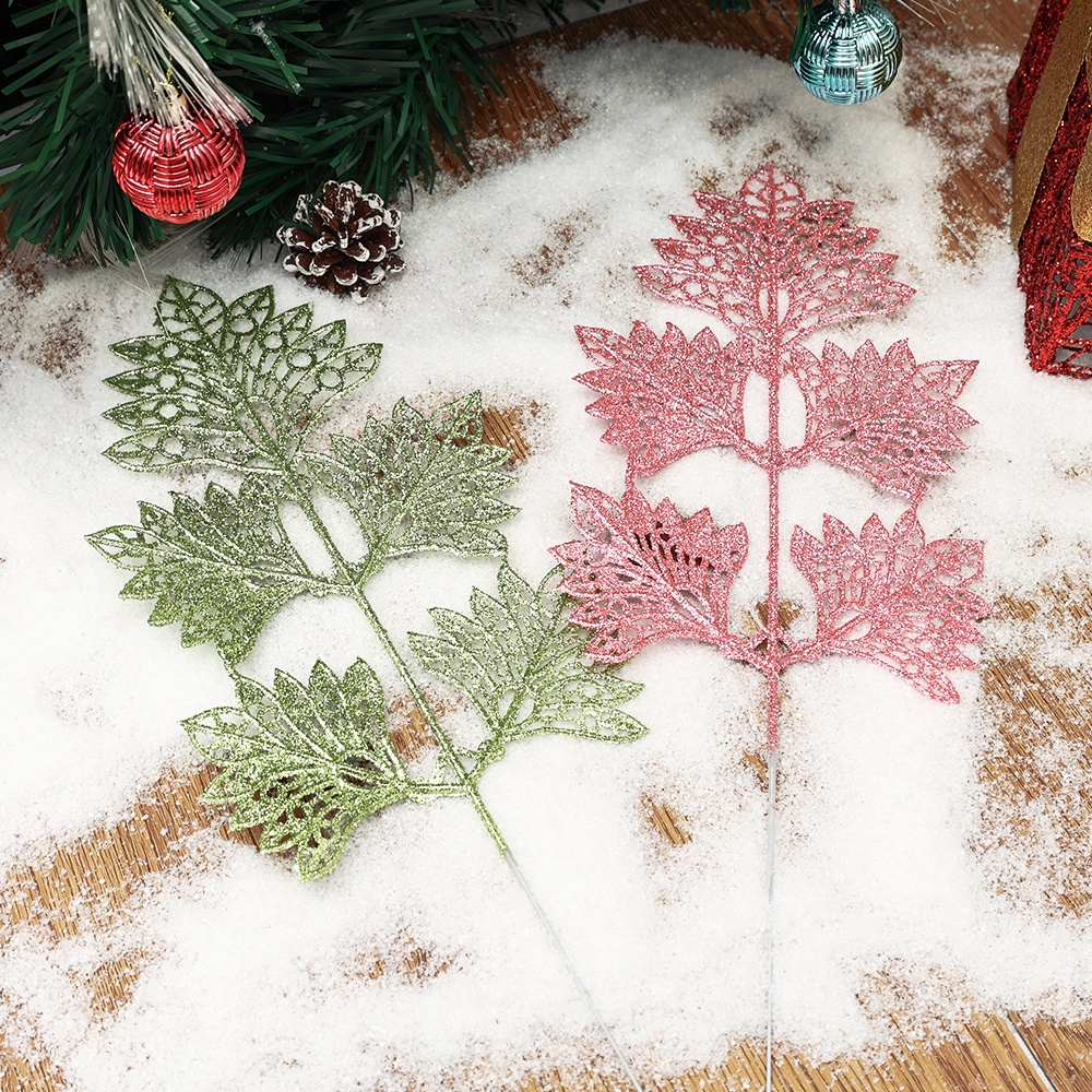 1 Ikat Daun Kipas Palsu Model Hollow Warna Emas Glitter Untuk Dekorasi Pesta Natal
