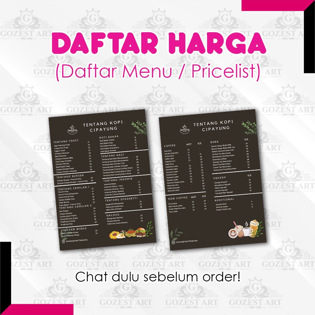 

Cetak Daftar Menu Daftar Harga Price List Cafe Warung Barbershop Ukuran A4 Laminating