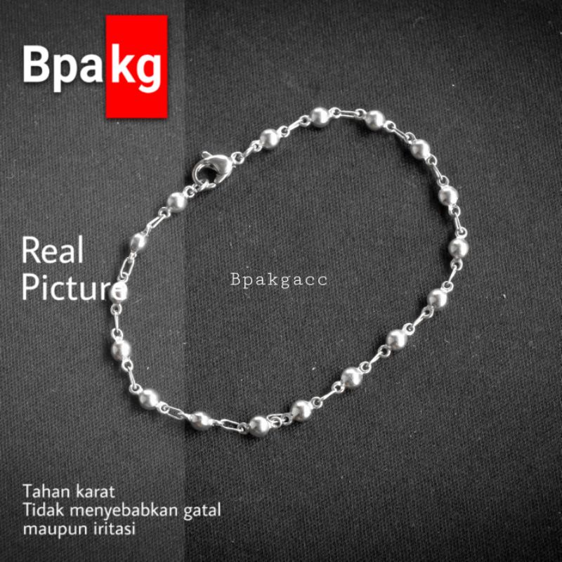 Gelang tangan bola polos Titanium Anti karat # Gelang Besi Putih Asli Anti Karat silver murah cewek 