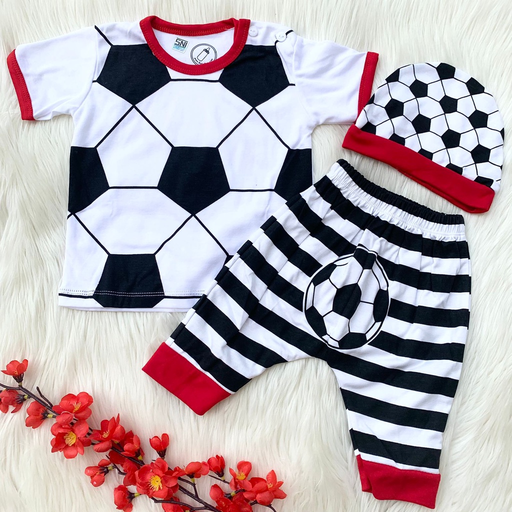 Baju setelan kaos celana topi motif bola lucu bestseller anak bayi cowok laki murah -bab