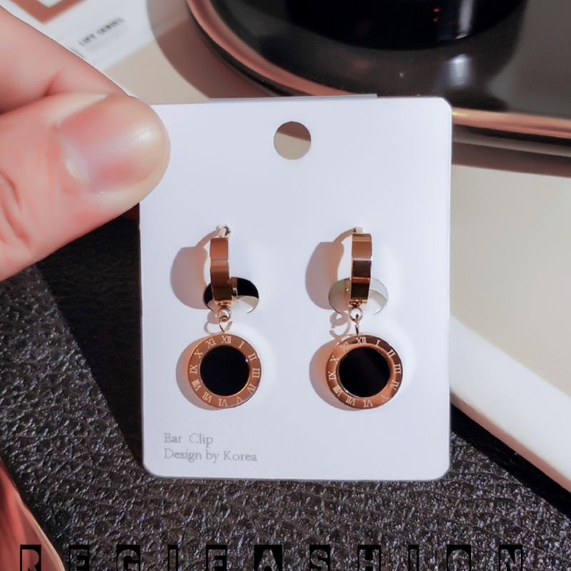 { COD } ANTING TITANIUM WANITA MOTIF JAM ROMAWI MATA HITAM ANTING WANITA MODEL TERBARU