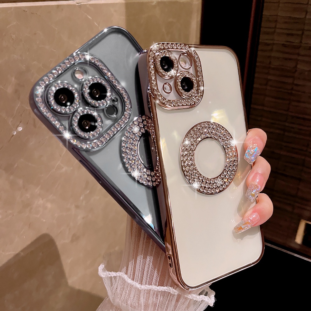 Casing Soft Case TPU Aksen Berlian Imitasi Untuk iPhone 11 12 13 14 Pro Max 14 Plus 14