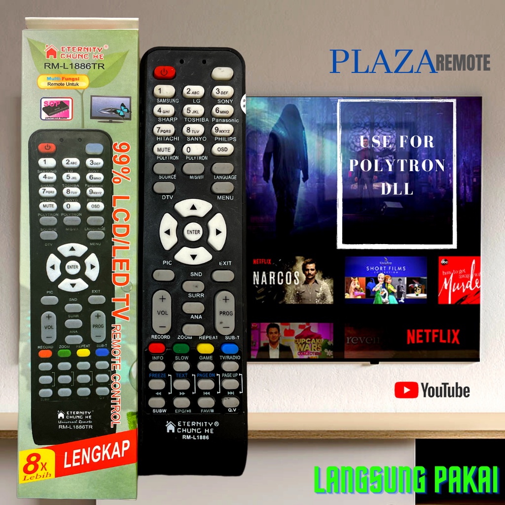 REMOTE TV LCD LED MULTIFUNGSI POLYTRON SAMSUNG LG SONY SHARP TOSHIBA TANPA SETTING 1886