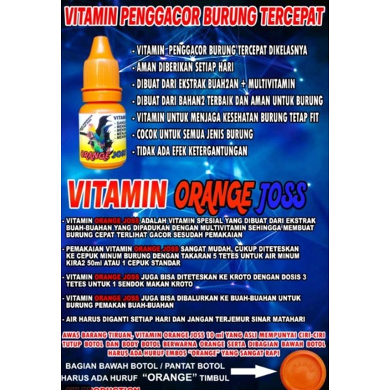 VITAMIN ORANGE JOSS HIGH PERFORMANCE 10ML VITAMIN OBAT PENGGACOR BURUNG INSTAN MURAI LOVEBIRD KENARI PERKUTUT PLECI ASLI VITAMIN ORANGE