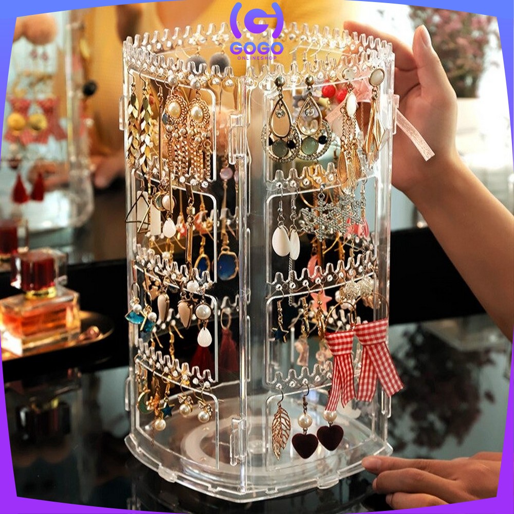 GOGO-K20 Rak Anting Acrylic Putar 360 Derajat Rak Penyimpanan Perhiasan Kalung Rak Organizer Impor