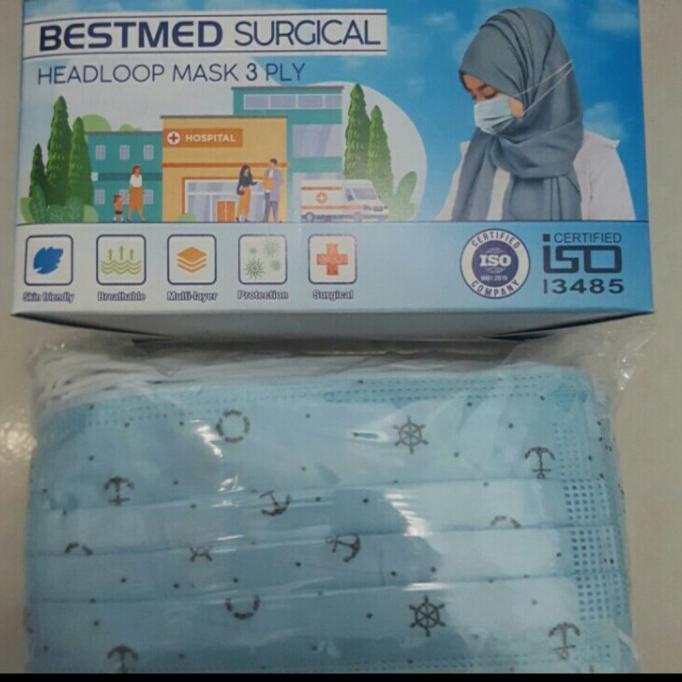 MASKER MEDIS HIJAB HEADLOOP 3 PLY BESTMED MOTIF JANGKAR SEPERTI SENSI t-geraisehat18 Murah