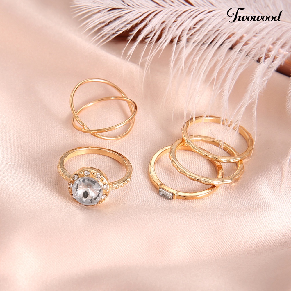 5pcs / Set Cincin Jari Cubic Zirconia Bentuk Bulat Silang Untuk Wanita