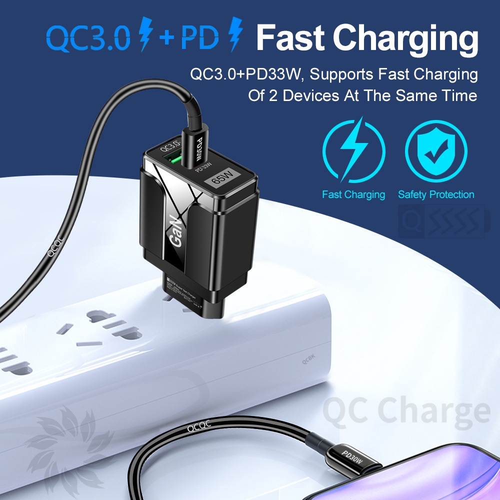 Adapter Charger 65W GaN 9V12V QC3.0 + PD33W Fast Charging Untuk Iphone 13 14 i-Pad H-uawei X-iaomi S-amsung Android