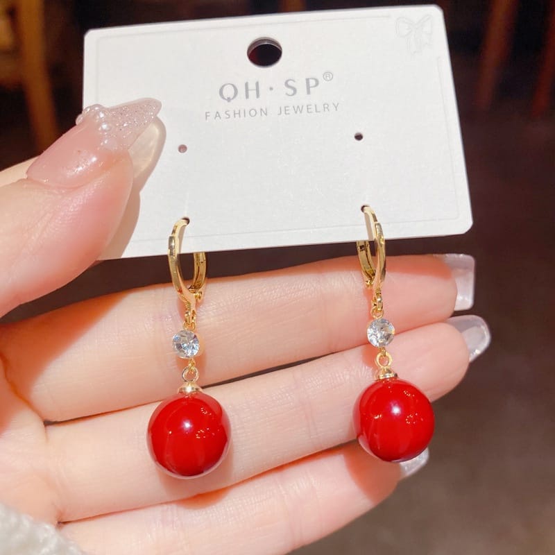 anting simple casual mutiara bulat merah / anting warna merah / Anting Pendek Bola Mutiara Merah / A