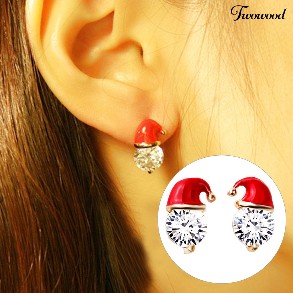 1 Pasang Anting Stud Cubic Zirconia Bentuk Topi Natal Warna Merah Untuk Wanita