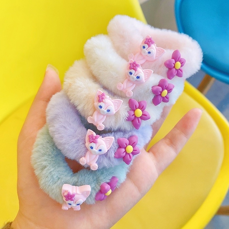 Delunashop_acc IKat Rambut Karakter Kartun Bulu Halus Fashion Lucu Wanita Korea Anak Perempuan ikat rambut donat bulu motif serigara pink