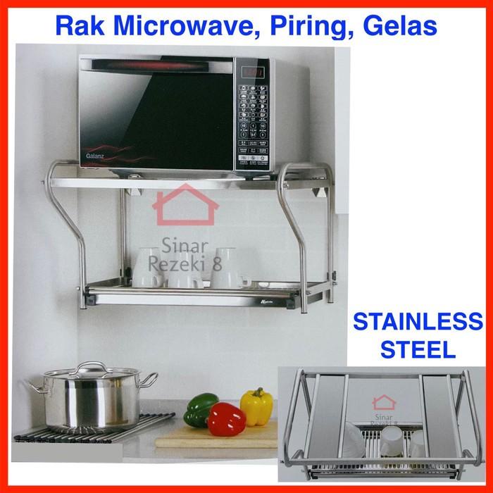 Rak Microwave Stainless Gantung Tempat Pengering Piring Dinding Dapur