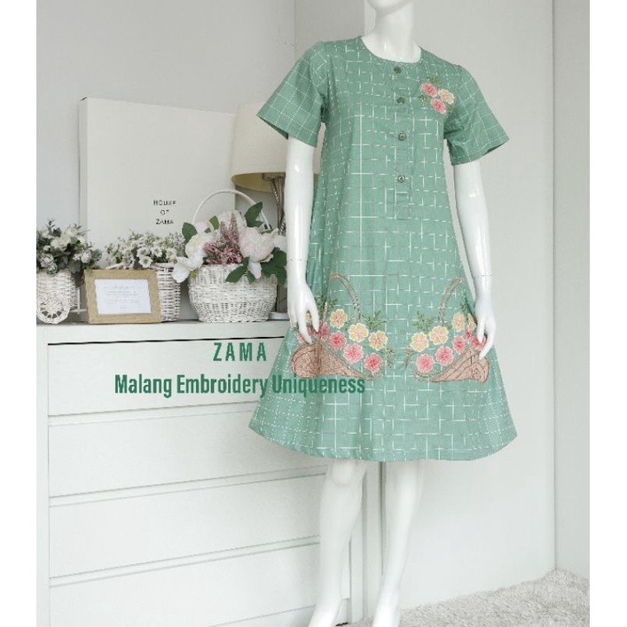 ZAMA | Daster Pendek Teal Square Bordir Tulip Khas Malang