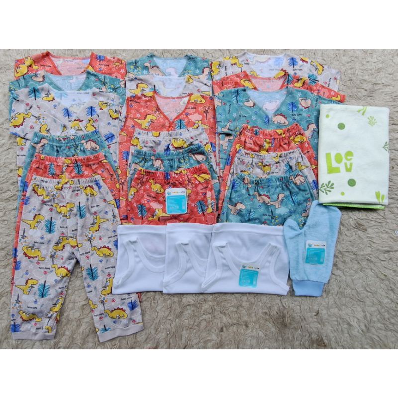 24pcs Paket Lahiran Perlengkapan Baju celana bayi kado Newborn,3-6 dan 6-12 bulan  Motif Dino netral topi singlet sarung tangan bayi SNI Promo 9.9