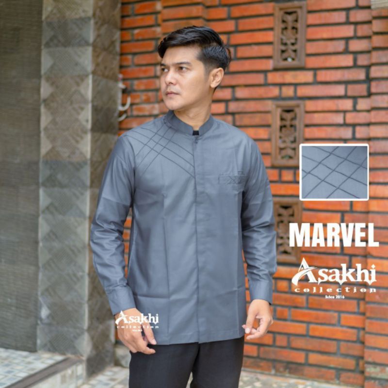 Asakhi - Baju Koko Pria Hadroh Kombinasi Motif Marvel Lengan Panjang Warna Putih M L XL