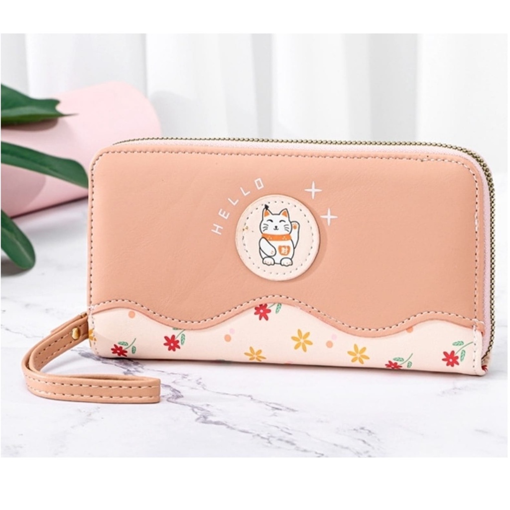 DOMPET PANJANG WANITA BRANDED PREMIUM WA606P3 KOREA IMPORT KULIT PINK KUCING LUCU LAMONE FASHION REMAJA KARTU KOIN RESLETING TALI PENDEK BATAM KEKINIAN CEWEK MURAH