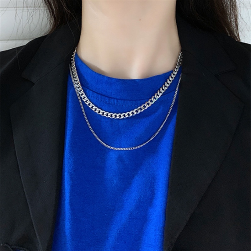 2pcs / set Kalung Rantai Overlapping Gaya Punk Hip-hop Korea Untuk Pria Dan Wanita