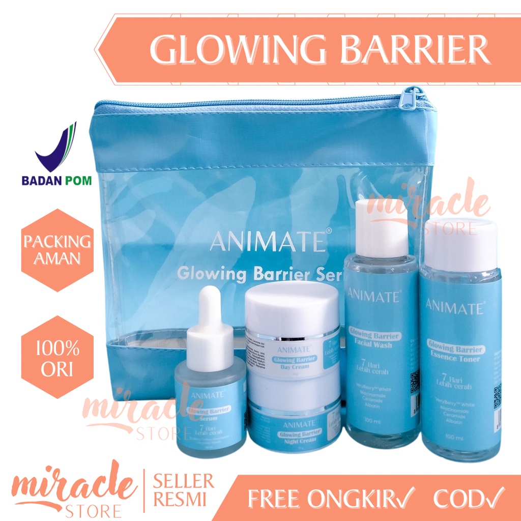 ￼READY! PAKET SKINCARE ANIMATE GLOWING BARRIER SKIN REPAIR SERIES 5IN1 - FACIAL WASH TONER DAY CREAM NIGHT CREAM ANIMATE BIRU MEMPERBAIKI SKIN BARRIER