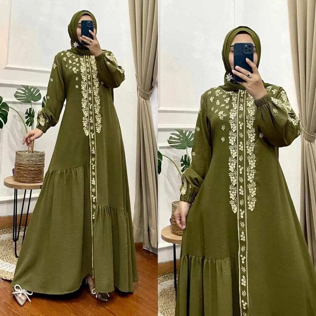 Elbina Dress Gamis Crincle Mix Bordir Premium LD 110 Dress Wanita Muslimah Kekinian Dress Viral OOTD Outfit Wanita Mewah Style Wanita Modis FASHION  Muslimah