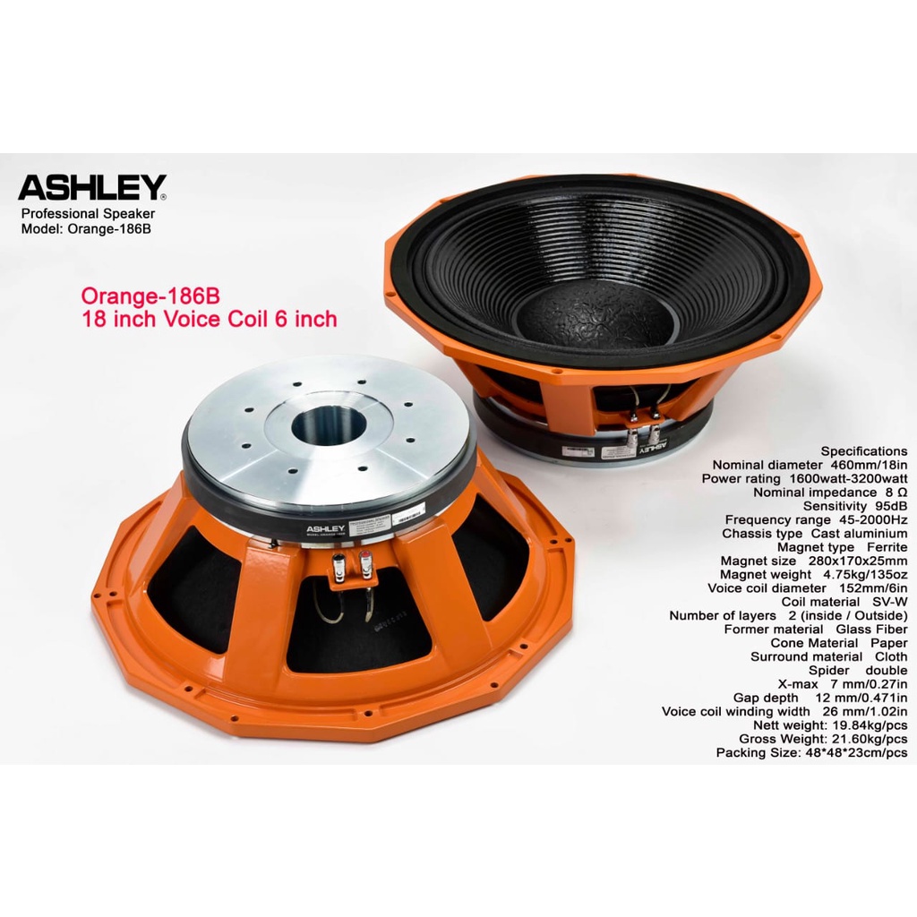 Speaker komponen ASHLEY Orange 186B 186 B 18inch coil 6inch