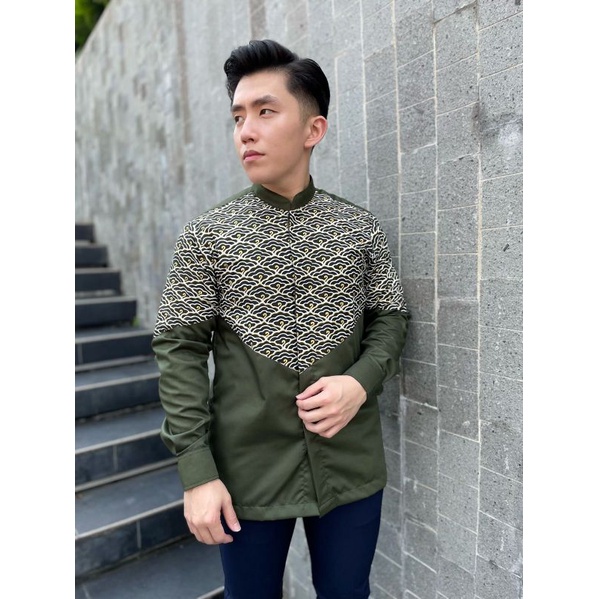 Batik Nayaka, Batik Kombinasi Pria Premium, Lengan Panjang, Slimfit, Olive Green