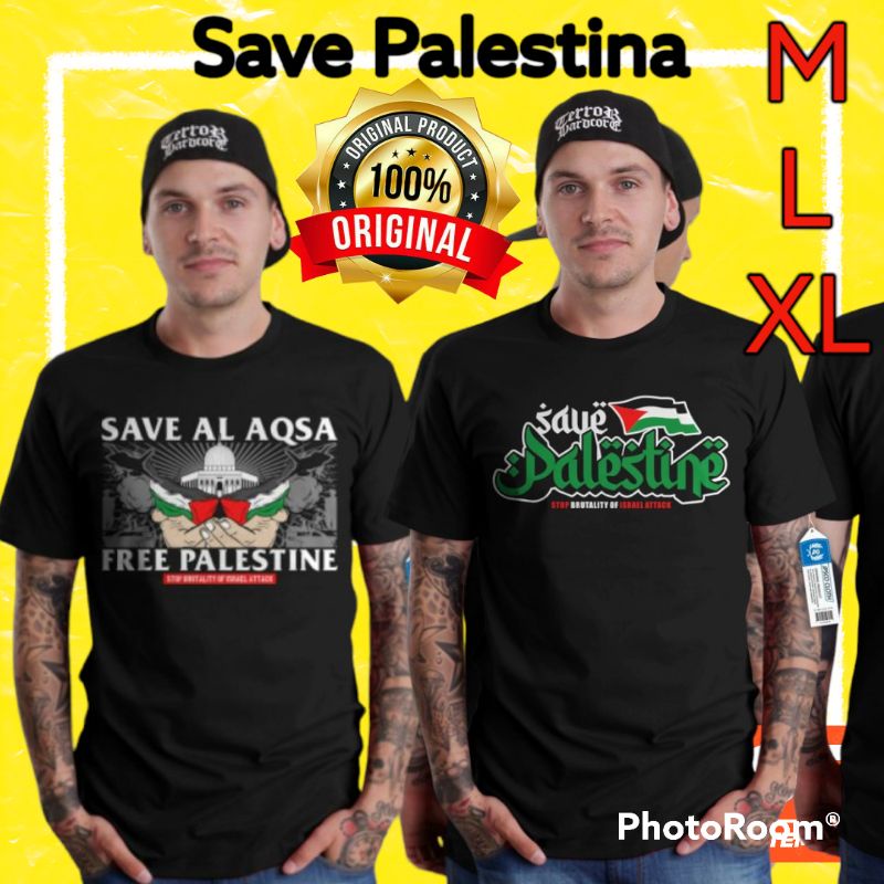 kaos distro save palestina pria wanita keren kekinian murah grosir baju katun combed 30s hitam M L X