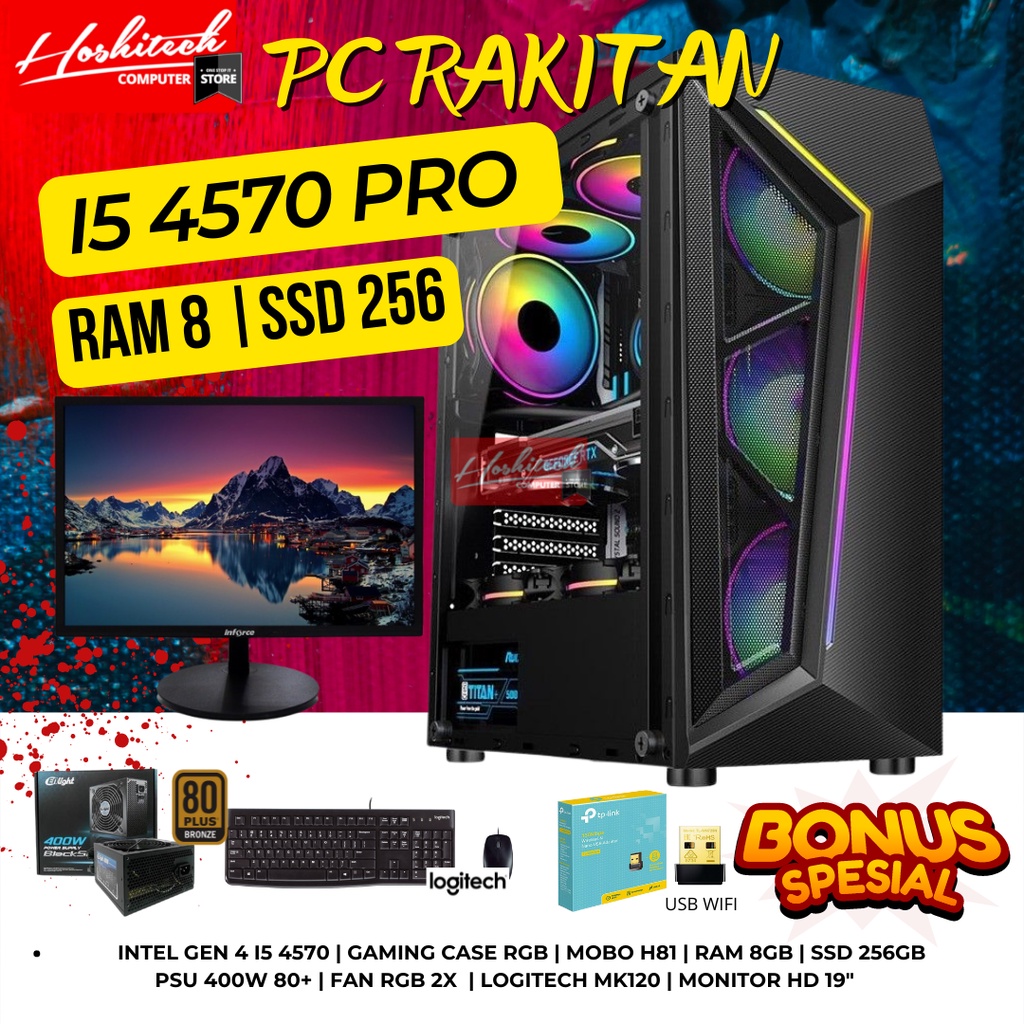 PC RAKITAN I5 EDITING GAMING PRO I5 4570 RAM 8GB SSD256 MONITOR 19