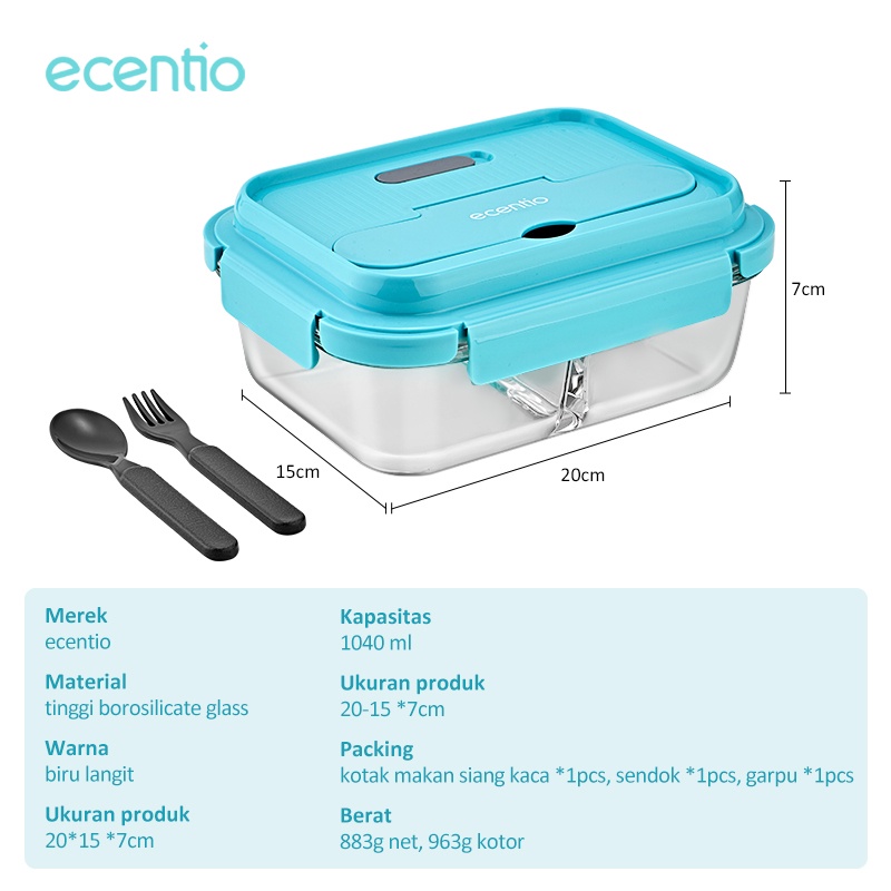 Foodi tempat makan anti tumpah kaca 1040ml Free sendok set container/Kotak Makan set portable 3 Sekat microwavable/lunch box gelas/Biru langi