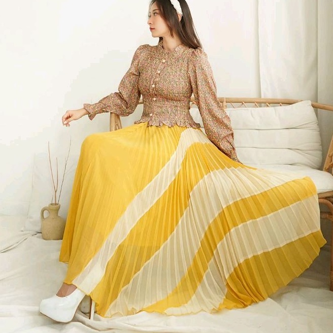 A1584 Set2in1 Setelan Baju atasan blouse SMOCKED smock top set rok Maxi skirt panjang plisket Korea 