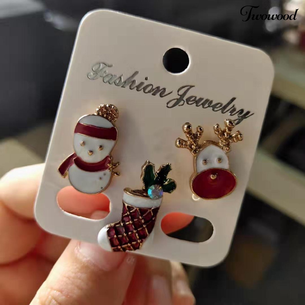 3pcs / Set Pin Bros Berlian Imitasi Warna-Warni Desain Santa Claus Bell Rusa Snowflake Pohon Natal