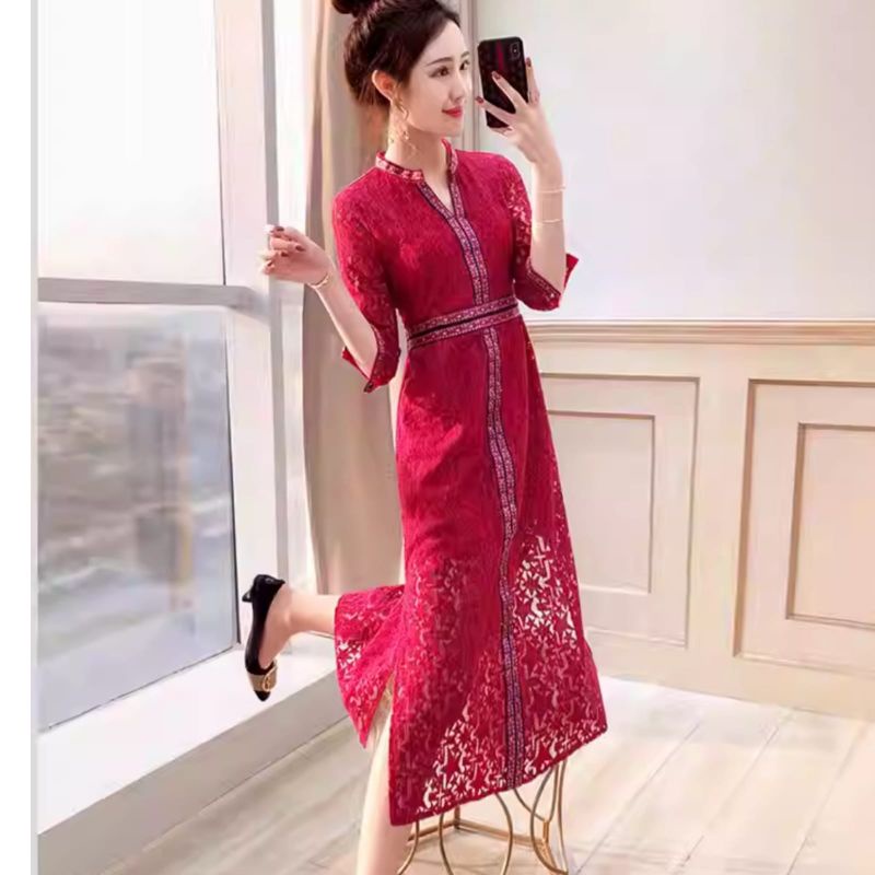 MDLV ~ 0992# CNY Azaleas Lace Midi Dress Imlek Sincia