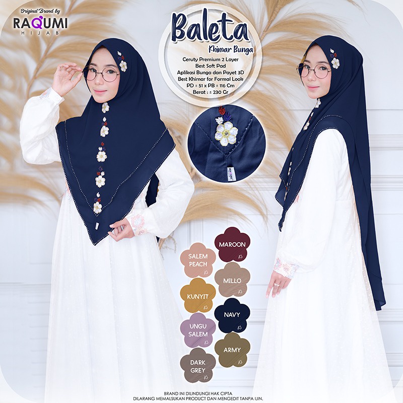 Baleta khimar Bunga Berlabel ORI Raqumi Hijab  Bahan Ceruty Premium 2 Layer  Aplikasi Bunga dan Paye