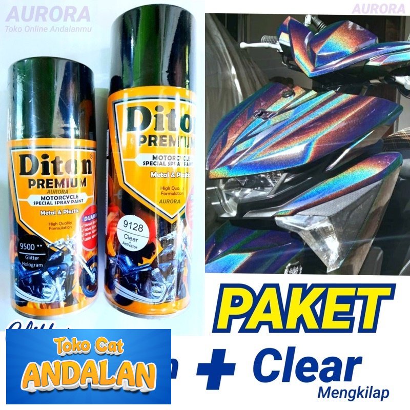 

Paket Diton Premium Glitter Hologram 9500 + Clear Gloss 9128 / Cat Gliter Pilok Pylox Vernis Mengkilap