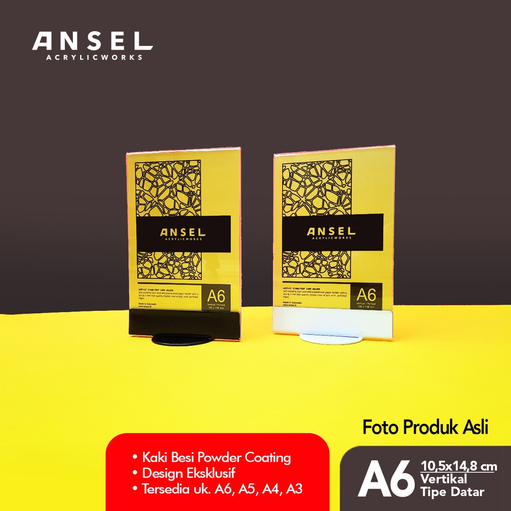 

ANSEL NORE - Tent Card Akrilik Besi / Datar A6 Vertikal 10,5x14,8cm [Stand Akrilik Acrylic, Display Menu, Brosur, Tent Holder, Nomor Meja dll]