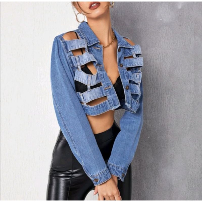Ripped JACKET JEANS DENIM sexy SHEIN cut out Blackpink Murah New Ready bangkok bkk guangzhou fashion