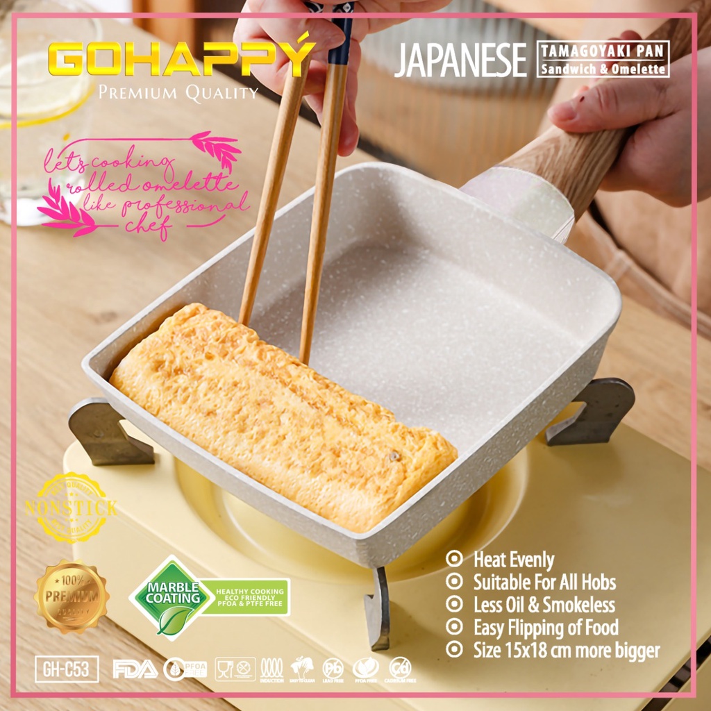 GOHAPPY Tamagoyaki Panci Telur Omelet Egg Fyring Pan anti lengket diatas teflon GHC53 black marble granite