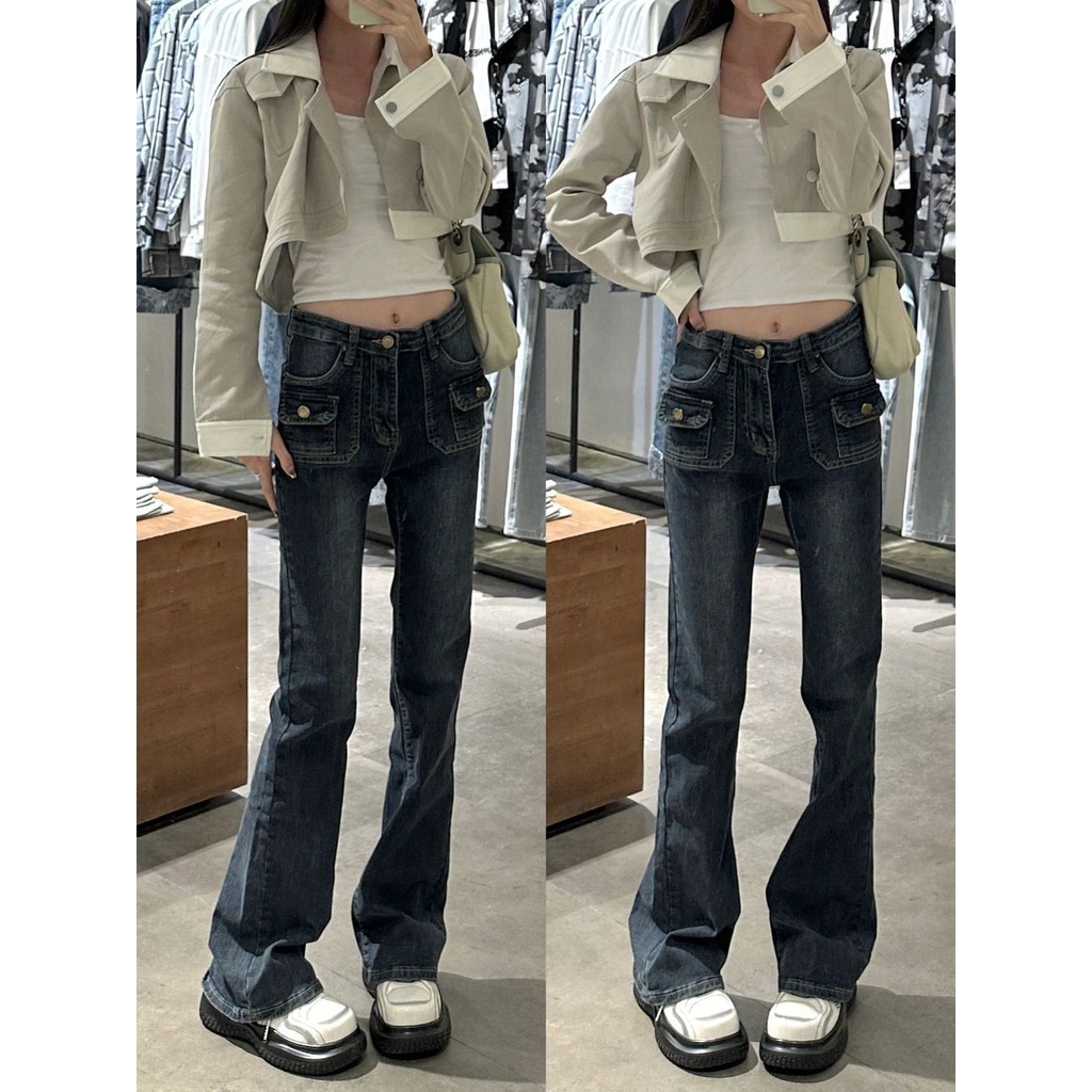 Suhao retro biru berpinggang tinggi berkobar celana 2022 musim gugur dan musim dingin gaya baru bootcut jeans wanita stretch slim slim mengepel celana