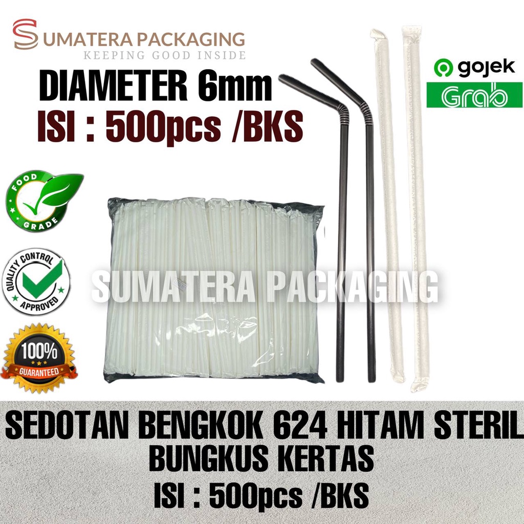 Sedotan Hitam Plastik Bengkok 6mm Steril Higienis Bungkus Kertas pipet - Hitam isi 500 pcs