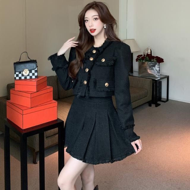 Suhao Musim Gugur dan Musim Dingin Baru Fashion Lengan Panjang Cardigan Jaket Pinggang Tinggi Slim Lipit Rok Asing Gaya Kecil high-End Setelan Wanita