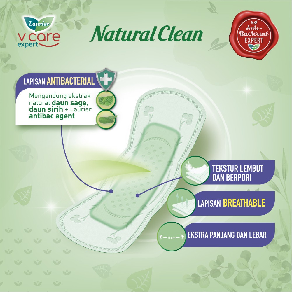 Laurier Natural Clean Pantyliner Daun Sirih Anti Bakteri Long &amp; Wide - Bersih Alami Cegah Bau Isi 40 Buah Twin Pack