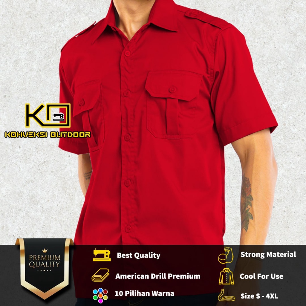 BAJU KEMEJA PDL OUTDOOR INDOOR LENGAN PENDEK - Kemeja Lapangan Seragam Kerja Kantor Group Cargo Gunung Taktikal Comunitas Kemeja Dinas PDH PNS Safari Satpam Security Keamanan American Amerika Paspampres Partai Prabowo - Warna Merah Konveksi Outdoor